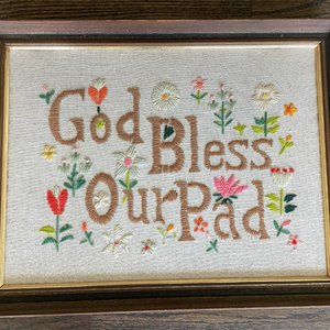 Vintage "God Bless Our Pad" Crewel embroidery frame - 17"x13"
